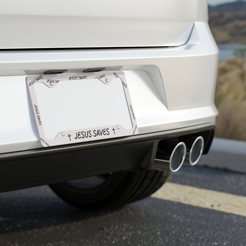 Jesus Saves Glossy Aluminum License Plate Frame — Christian Car Decor